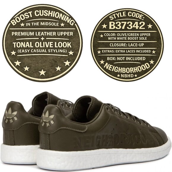 adidas Stan Smith Boost x NEIGHBORHOOD NBHD Olive Leather Mens 8 B37342 main image 10